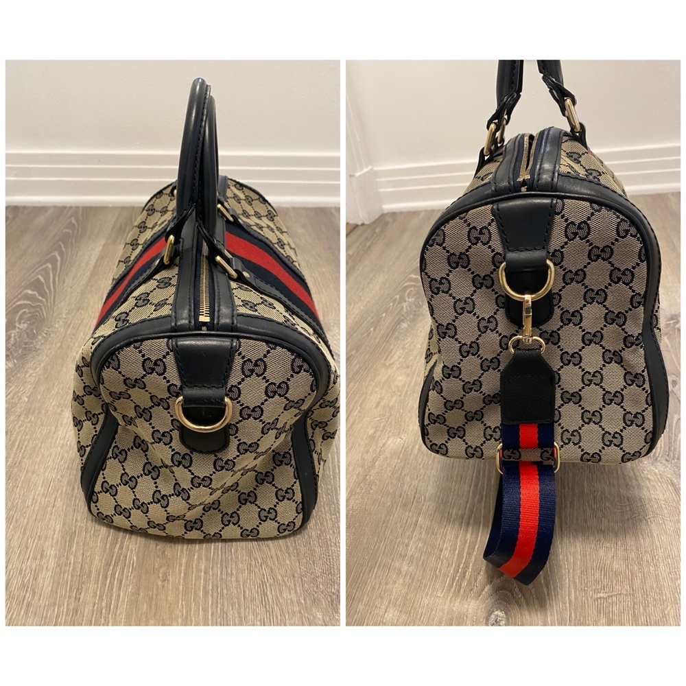 SOLD- AUTHENTIC GUCCI Canvas/leather Vintage Boston Bag Crossbody Red/Navy - Picture 11 of 15